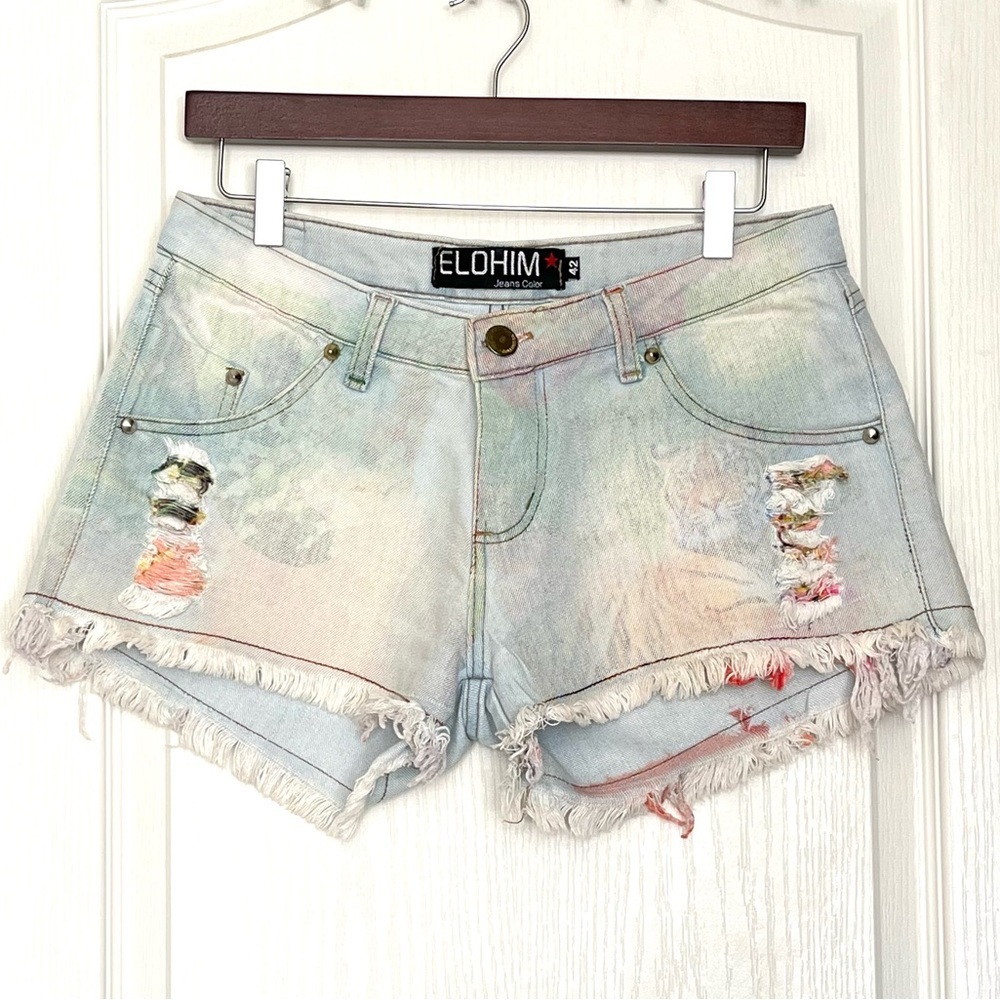 ELOHIM JEANS Light Wash Distressed‎ Tie Dye Denim Shorts Y2K Aesthetic Festival